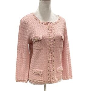 Cable & Gauge Pink Beaded Knit Jacket Zip Cardigan Silk Blend S/M